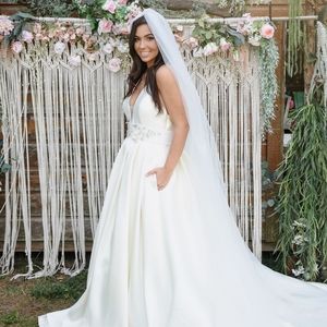 Ivory Mikado Wedding Gown with Pockets,FlowerSash